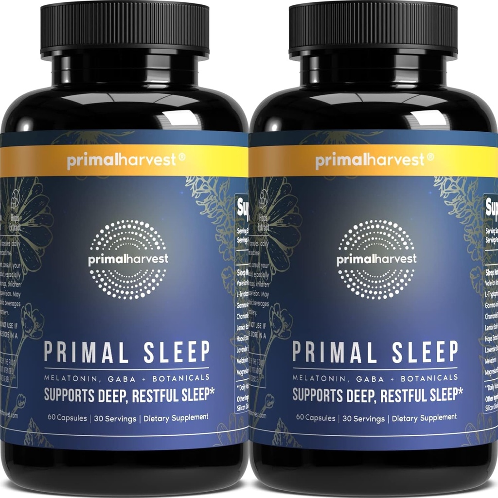 Primal Harvest 2 Pack, Primal Sleep, 120 Capsules avec racine valériane, L-Tryptophane, GABA, Camomille et Mélatonine 3mg