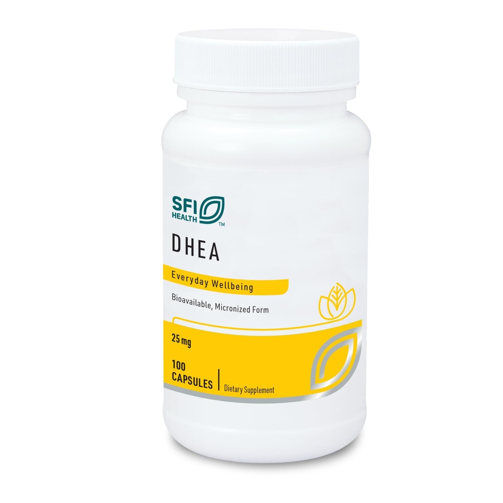 Klaire Labs SFI Health DHEA 25mg - Déhydroépiandrostérone dérivé de Wild Yam - Micronisé pour Absorption Supérieure - Supplément hypoallergénique sans soja pour hommes et femmes (100 capsules)