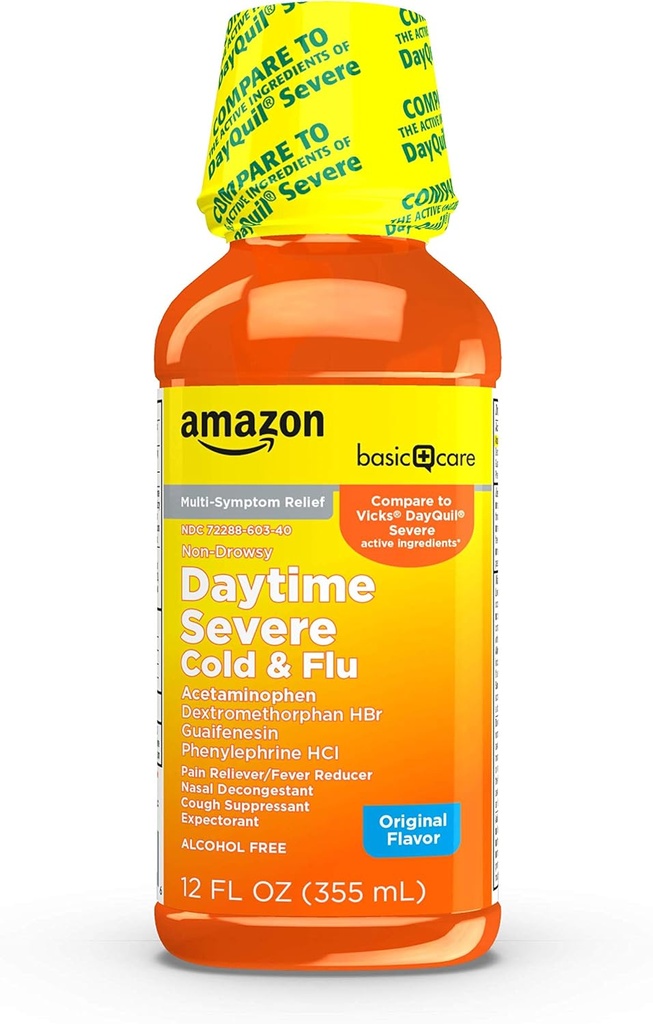 Soins de base Fromage et grippe diurnes sévères, force maximale Médecine du froid liquide, non somnolence, soulagement multisymptômes, pour les adultes et les enfants de 6 ans et plus, original, 12 fl oz (paquet de 1)