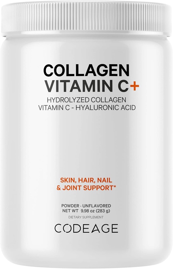 Codeage Collagène Peptides Poudre + Vitamine C - 20g Collagène alimenté par l'herbe par portion - Enzymes digestifs, acide hyaluronique, 18 acides aminés - Protéine de collagène hydrolysée - Non-OGM, non aromatisée - 9,98 oz