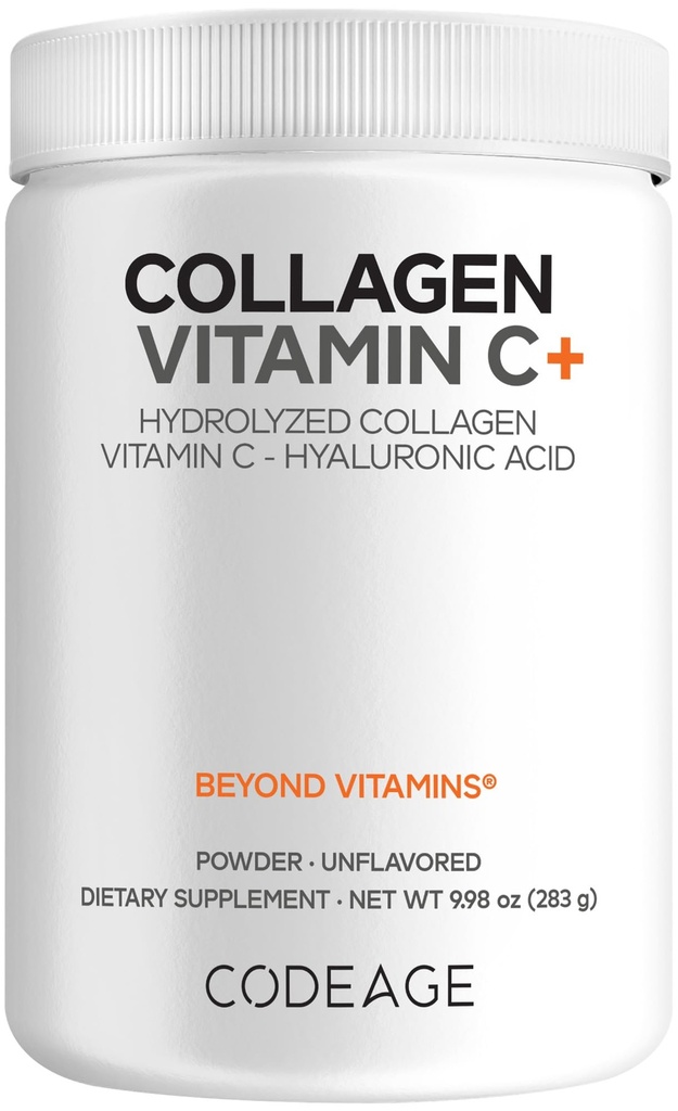 Codeage Collagène Peptides Poudre + Vitamine C - 20g Collagène alimenté par l'herbe par portion - Enzymes digestifs, acide hyaluronique, 18 acides aminés - Protéine de collagène hydrolysée - Non-OGM, non aromatisée - 9,98 oz
