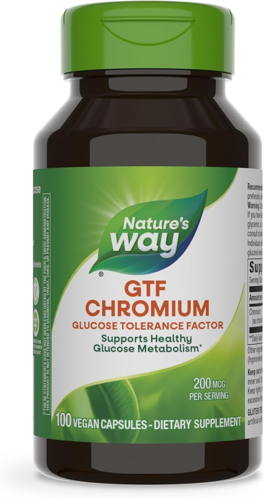 Nature's Way GTF Chromium, facteur de tolérance au glucose, soutient le métabolisme du glucose sain*, 200 mcg Chromium par portion, 100 capsules véganes (paquetage May Vary)