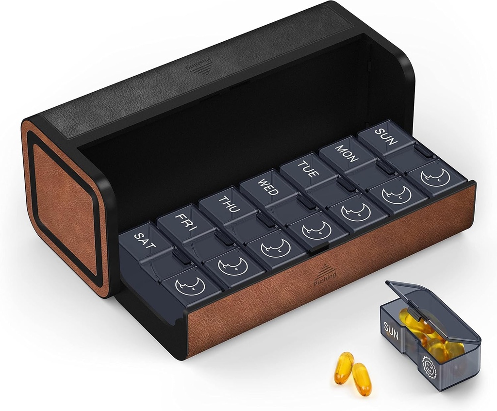 Organisateur de pilules de médecine, 7 jours AM PM Pill Box 2 fois par jour, Cas de pilule de voyage en cuir, appuyant sur la double ouverture, tient les vitamines de médicaments Huile de poisson et suppléments (noir et brun)