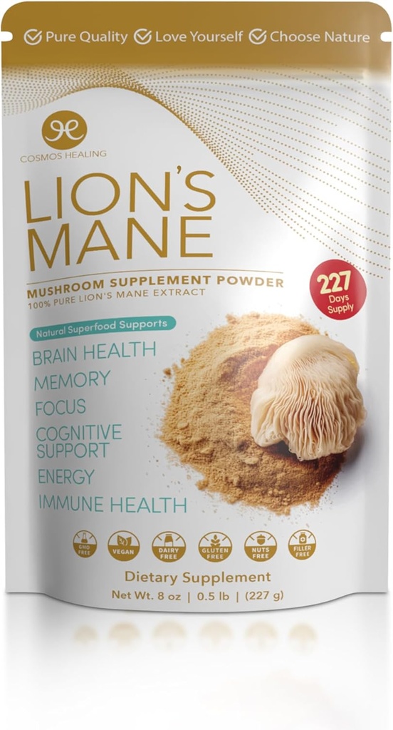 Lion's Mane Champignon Supplément Poudre, 8 oz de Superfood naturel pour Focus, Mémoire, Santé du cerveau, Soutien cognitif, Immune Boost, Santé Nerve, Énergie