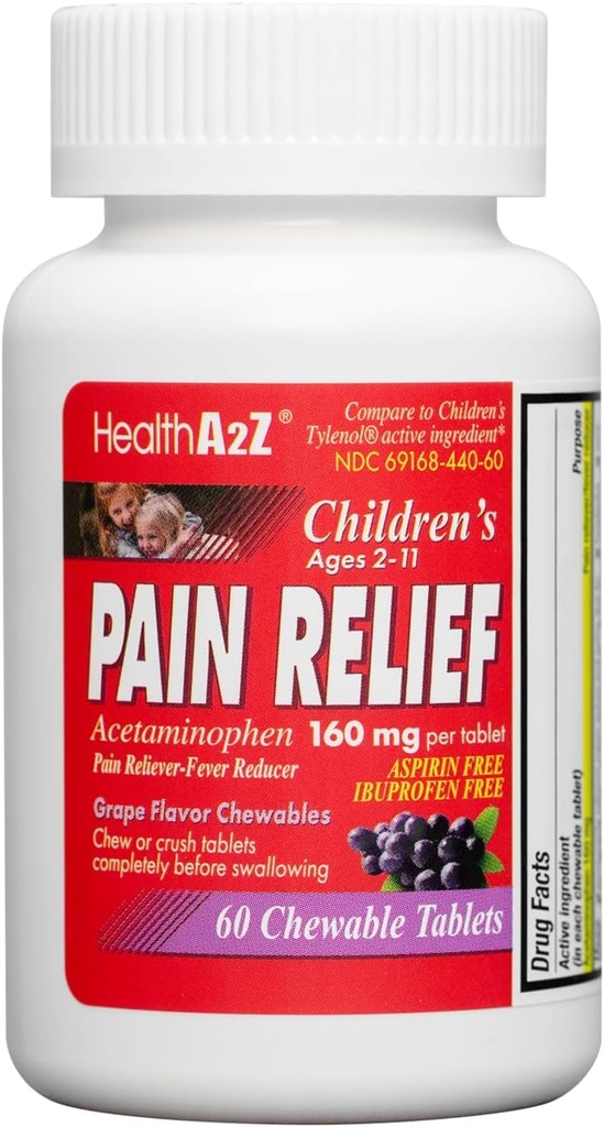 HealthA2Z® Children's Chewable Pain Relief | Acetaminophen 160mg | Chewable Tablets | Grape Flavor Chewables | Aspirin & Ibuprofen Free (60 Counts)