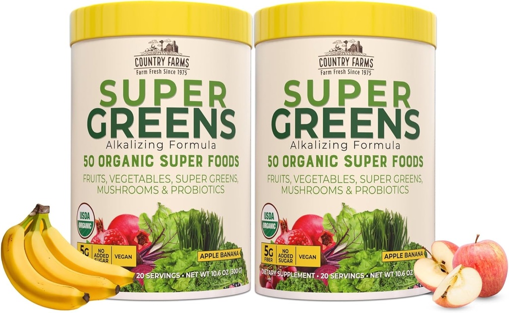 Country Farms Super Greens Powder Smoothie, Super Foods biologiques, USDA Mélange de boissons biologiques, Fruits, Légumes, Champignons, Superfood Nutrition, 40 portions, 2 Pack