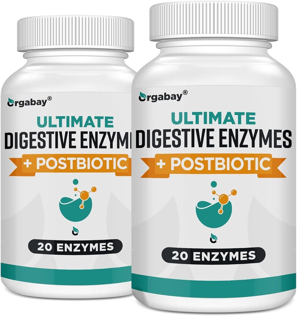 Enzymes digestifs Orgabay 1000mg avec Postbiotiques, 20 Mélange d'enzymes pour Bloating, Digestion optimale et Fonction Gut, 120 Capsules Veggie