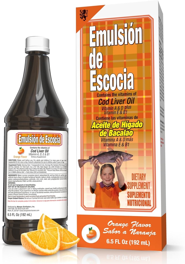 EMULSION DE ESCOCIA Huile de foie de morue, saveur orange, 6,5 fl oz (1 pack) – Huile de poisson avec des vitamines A, D, E, B1, Omega-3 pour la santé immunitaire et osseuse, enfants et adultes