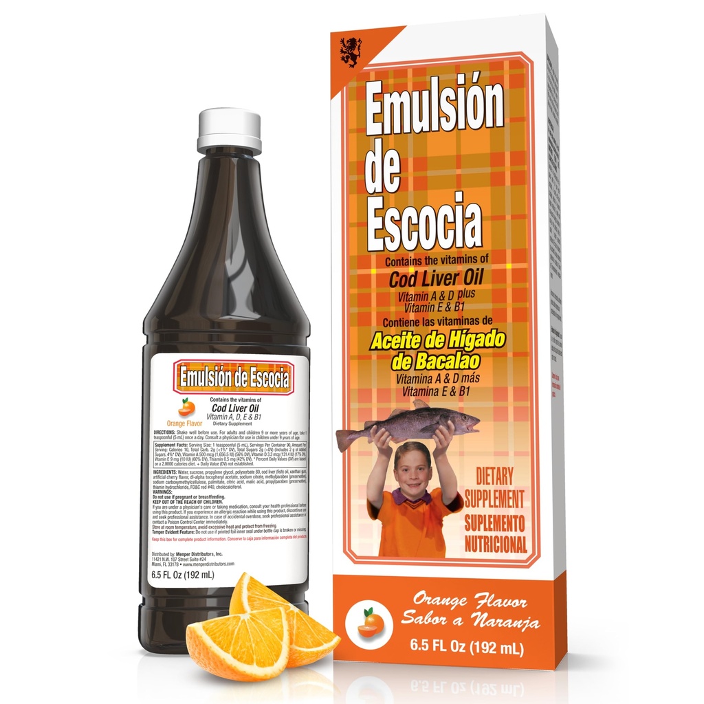 EMULSION DE ESCOCIA Huile de foie de morue, saveur orange, 6,5 fl oz (1 pack) – Huile de poisson avec des vitamines A, D, E, B1, Omega-3 pour la santé immunitaire et osseuse, enfants et adultes