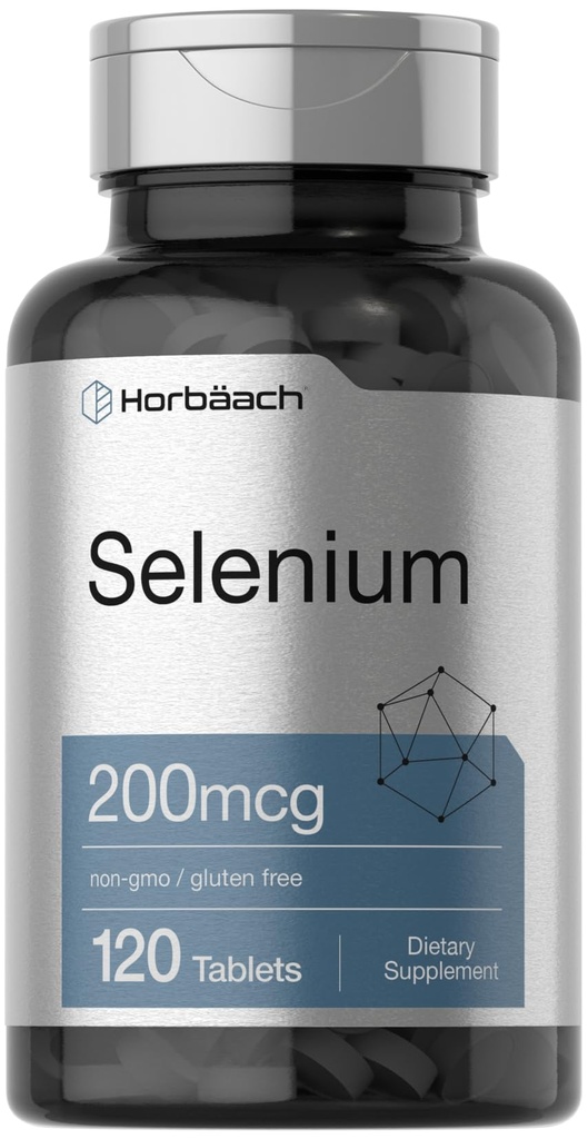 Supplément de sélénium Horbäach pour les femmes et les hommes 200mcg (120 comprimés) comme levure de sélénium (Végétarien, non OGM et sans gluten)