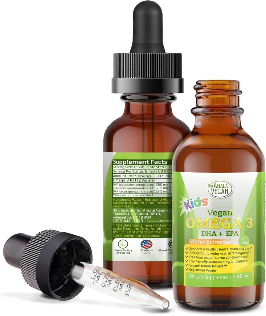 Omega 3 pour les enfants - Lemon biologique, végétalien, supplément liquide - Huile de poisson pour enfants avec DHA, EPA, DPA Acides gras - Huile d'algue à base végétale - Immune, coeur, santé cérébrale pour les enfants - 30-60 doses