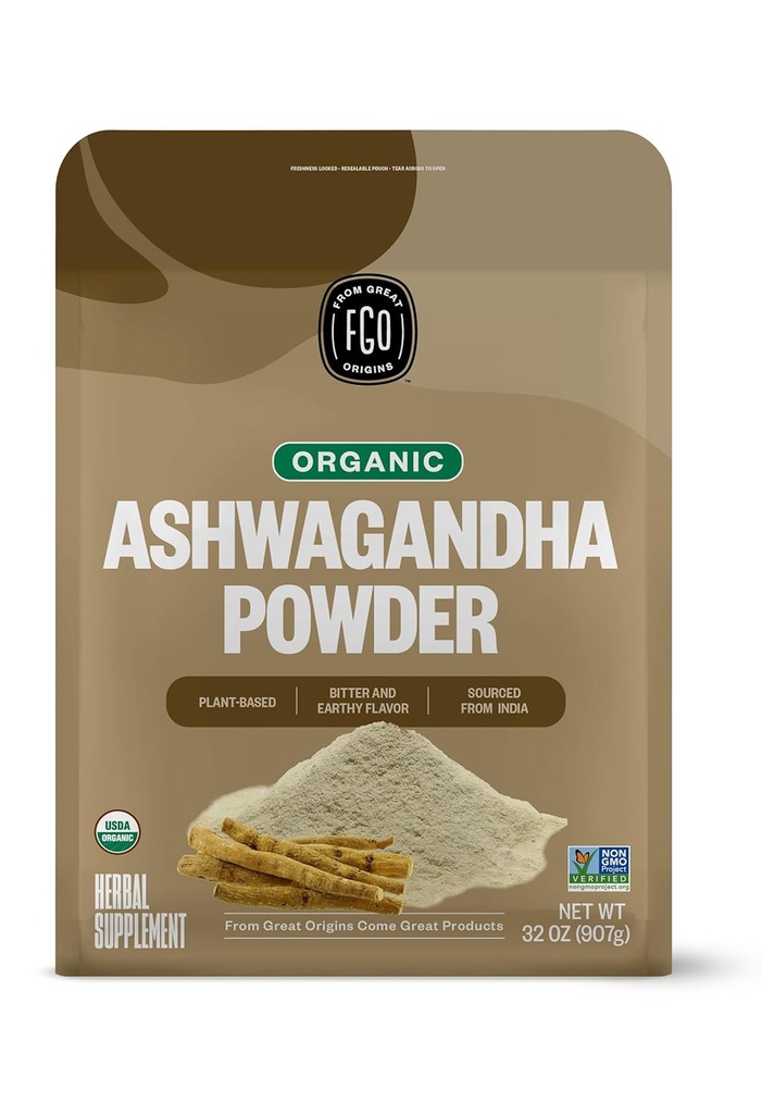 FGO poudre de racine biologique Ashwagandha, 32 oz sac en vrac refermable, non-OGM, ginseng indien, Withania Somnifera, provenant de l'Inde (paquet de 1)