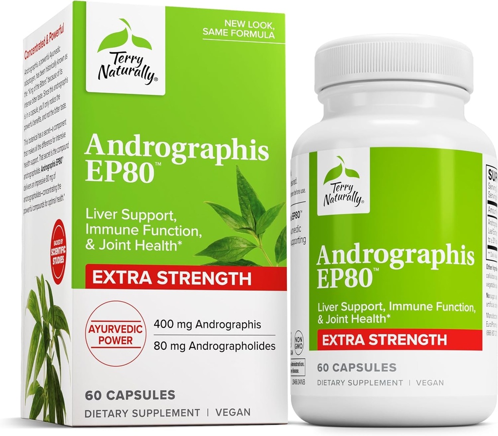Terry naturellement Andrographis EP80 Extra Strength - Santé du cerveau et soutien immunitaire - Supplément Santé conjoint pour l'aide à la mobilité - Supplément Adaptogène végétalien pour l'énergie et le soutien du foie - 60 capsules