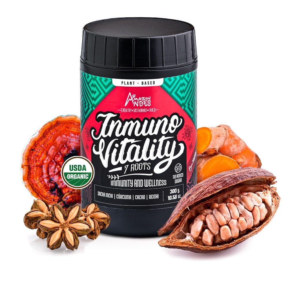 Super Immunity Booster mélange l Cacao, Sacha inchi, Turmeric et Reishi poudre l puissant bio Superfoods Mix l 300gr Multivitamine l 100% Natural & Ntutrient Rich l Andes