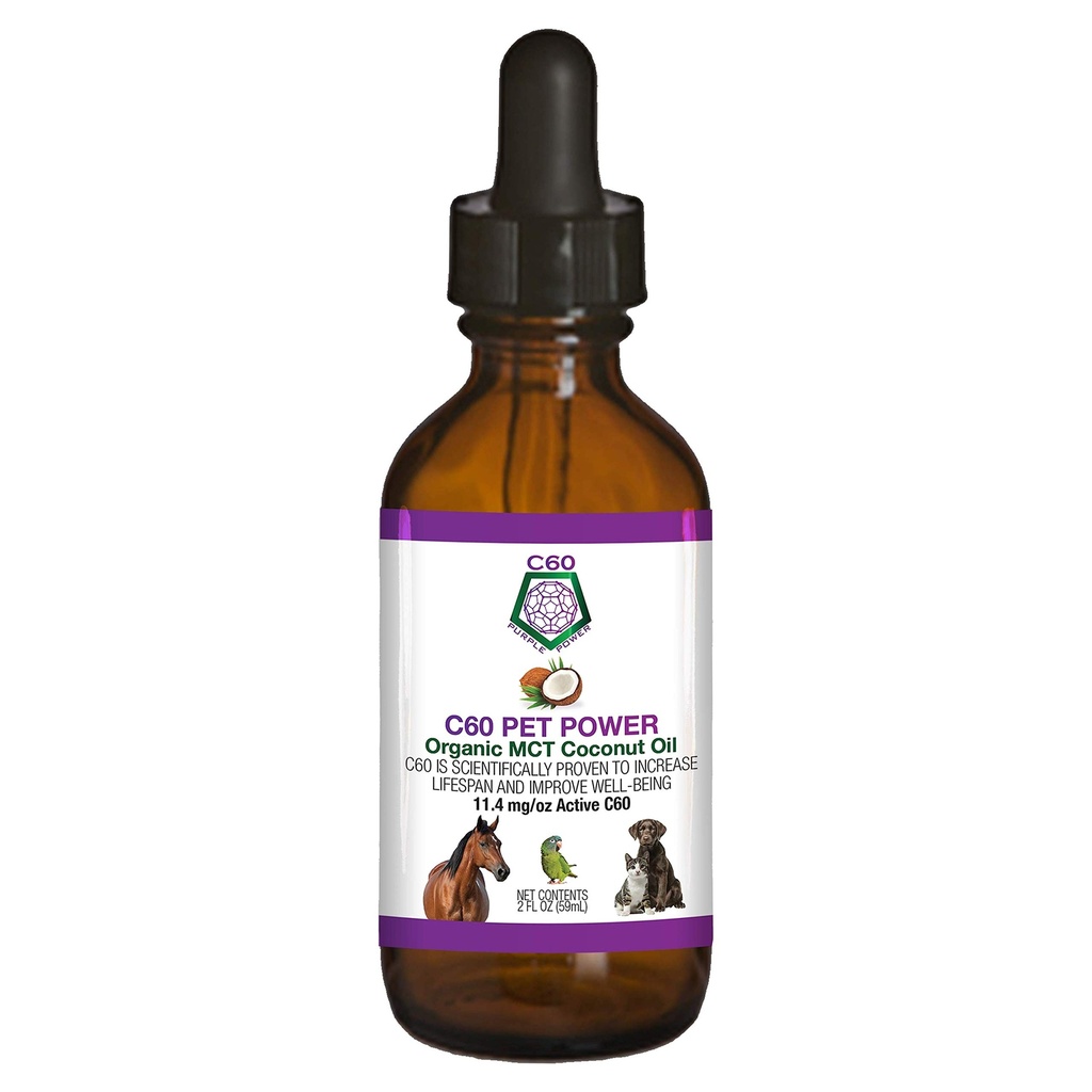 C60 Puissance pour les animaux de compagnie - C60 en bio MCT huile de coco, aide au bien-être naturel pour les chiens et les chats, fullérènes au carbone pur, favorise le vieillissement en santé, l'énergie, et la mobilité - 2 fl oz bouteille