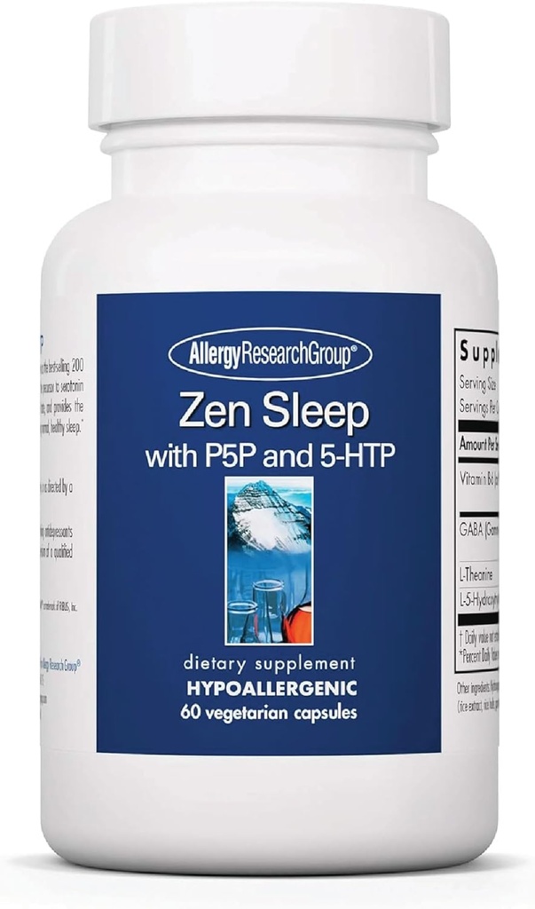 Groupe de recherche sur l'allergie Zen Sleep - supplément de sommeil GABA L-Theanine pour adultes avec P5P, 5-HTP et vitamine B6, aide naturelle pour un REM calme et reposant - 60 capsules végétariennes