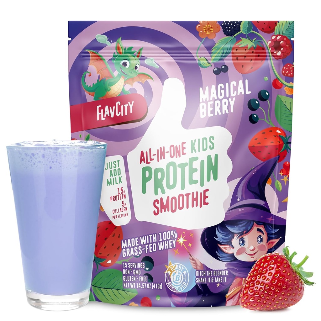 Smoothie protéinique tout-en-un pour les enfants (Berry magique) - Poudre de protéines de lactosérum non dénaturée avec 15g de protéines et 5g de collagène - Sans gluten et sans OGM - 15 portions