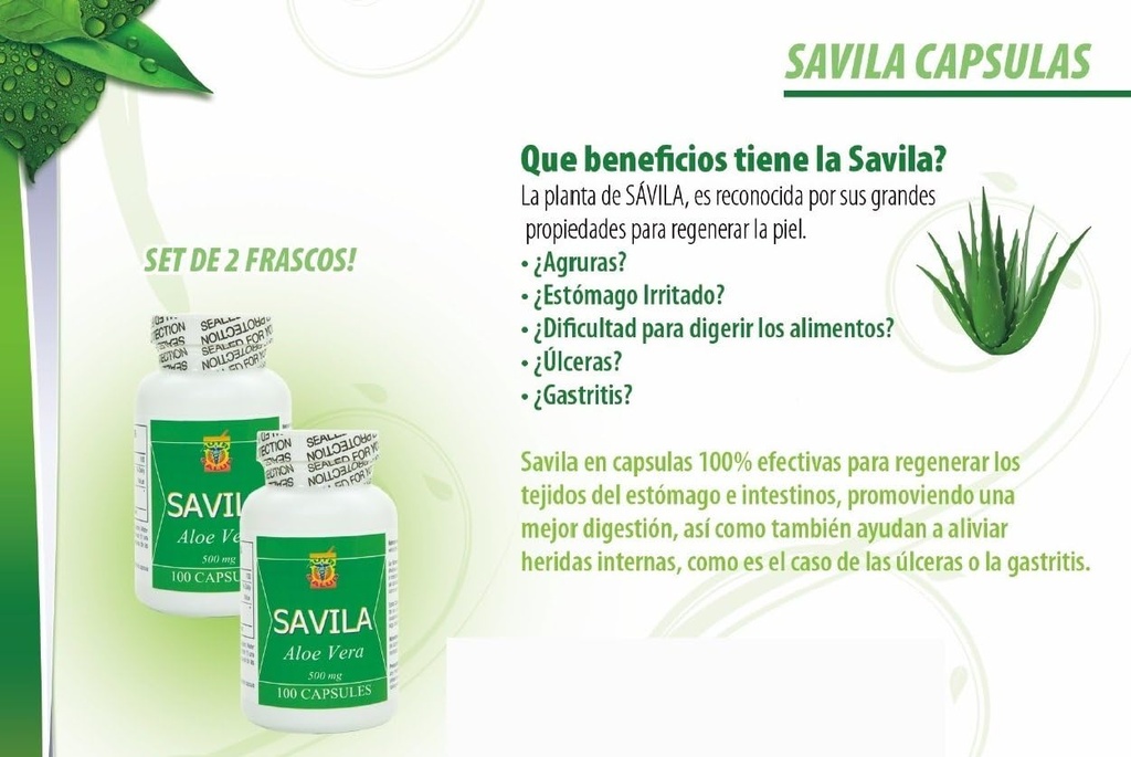 Nutrisalud Produits Capsulas de Savila, Aloe Vera Capsules 500mg. Set de 2 frascos 100 capsulas CADA uno.Efectivo Contra ulderas,agruras,mala Digestion,Colite,estreñimiento. Dura mas de 3 Meses.