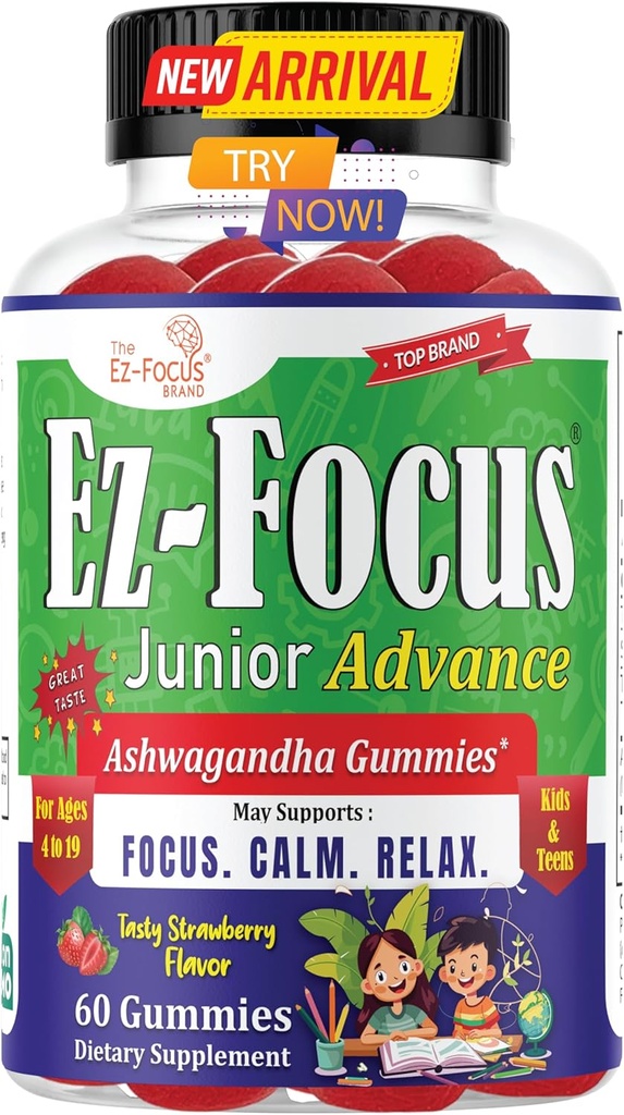 Junior Ashwagandha Gummies pour les enfants et les adolescents , Calme , Focus & Relax Support , Vegan , non-OGM , faible sucre fraise supplément de saveur , 60 Gummies