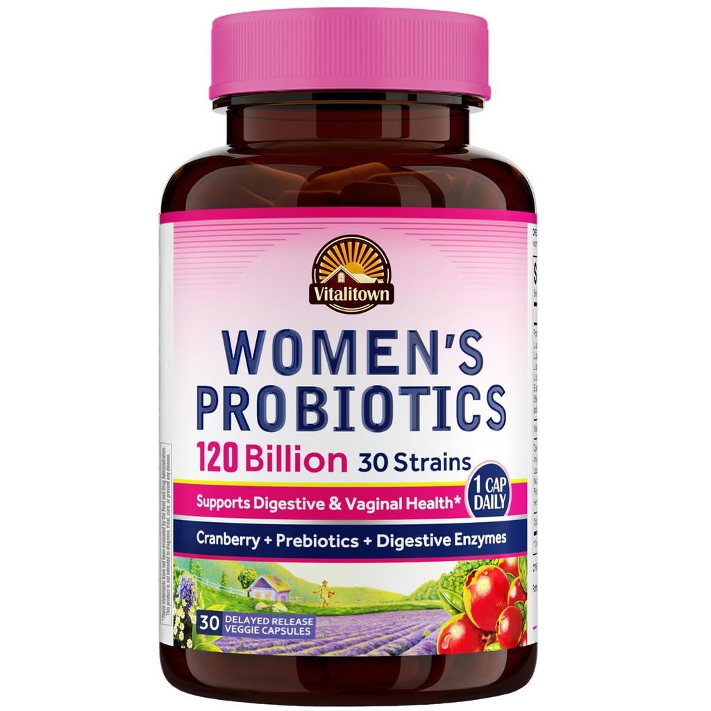 Probiotiques Vitalitown pour femmes 120 milliards d'UFC, 30 souches, avec prébiotiques et enzymes digestives et santé des canneberges, Gut et vaginale, végétalien 30 capsules de libération retardée