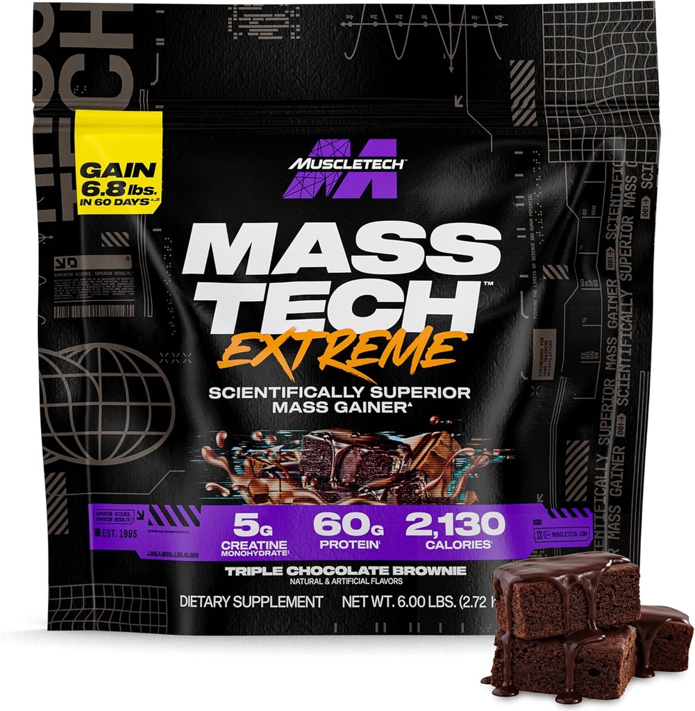 Muscletech High-Protein Mass Gainer (Triple Chocolate Brownie, 6LB) - Mass Tech Extreme 2000 Mass Gainer Protéin poudre supplément - gain de poids pour augmenter le muscle, amélioration de la récupération et de la force