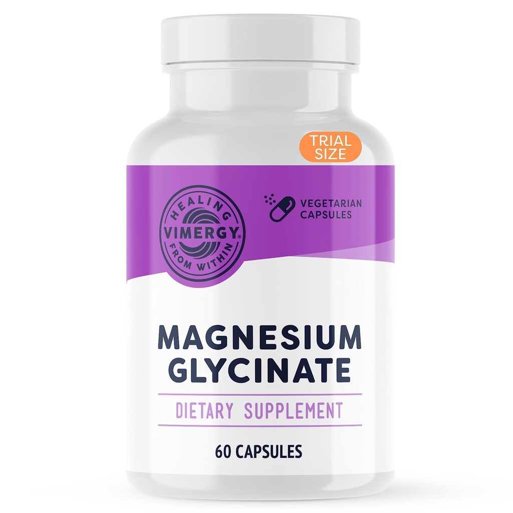 Magnésium vimergy Glycinate – Soutien au stress – Chélaté pour éviter le tummy-upset*– Promotion de la santé cardiaque et de l'énergie*– Casher, sans gluten végétalien – 60 capsules