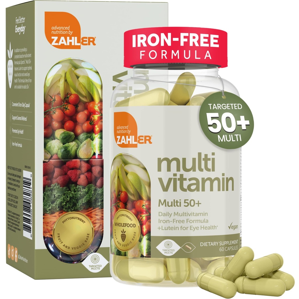 Zahler Multivitamine 50+, formule sans fer + lutéine pour la santé des yeux, 60 capsules.
