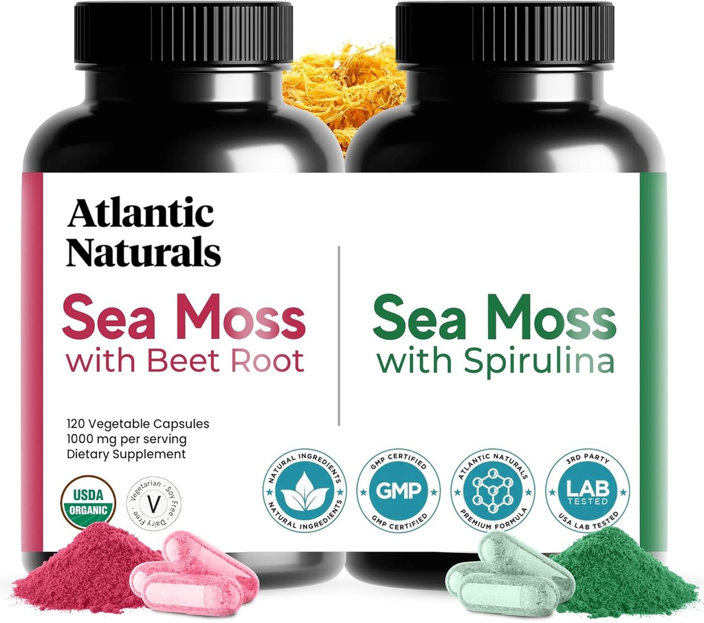 Atlantic Naturals Sea Moss Superfood Bundle - La mousse de mer avec racine de betterave et spiruline Capsules - Soutien de la défense, flux sanguin, santé et fer - 240 Capsules (2 x 120 ct)