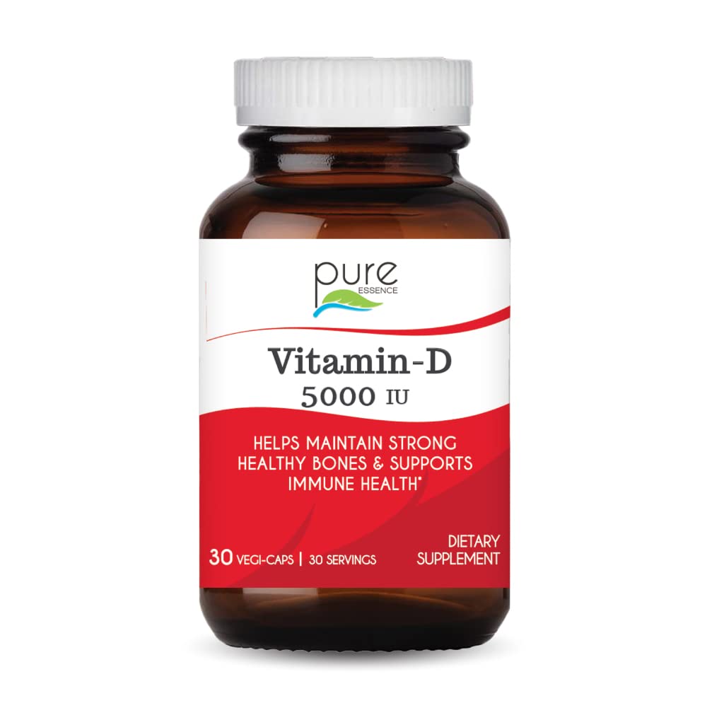 Pure Essence Labs Vitamine D - 5000 UI de Vitamine D de 100% Cholecalciferol Pure - 30 Capsules Végétariennes