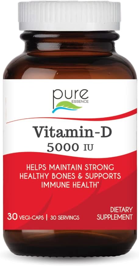 Pure Essence Labs Vitamine D - 5000 UI de Vitamine D de 100% Cholecalciferol Pure - 30 Capsules Végétariennes
