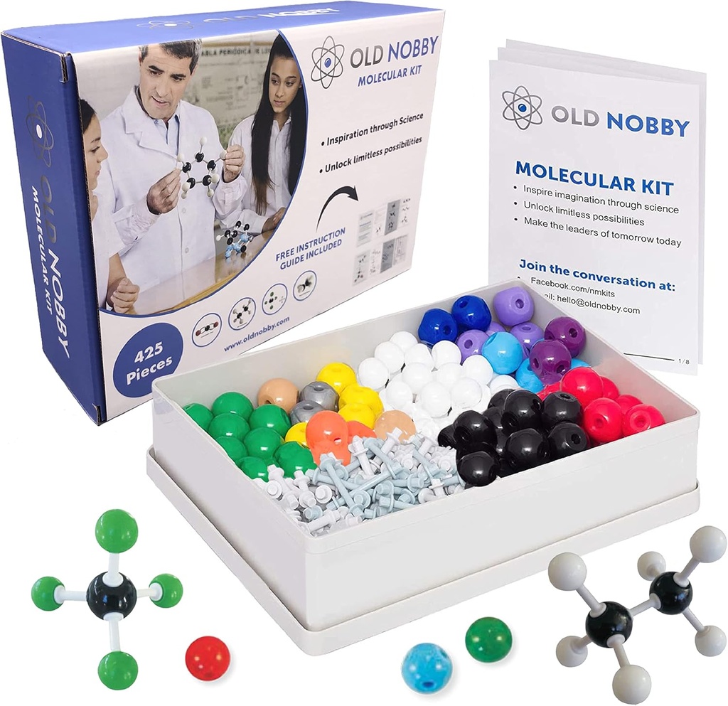 Old Nobby Organic Chemistry Set (425 pc) Kit de modèles moléculaires avec des atomes, des bonds, guide, outil de suppression de bond - STEM Science Kits pour les jouets pour enfants
