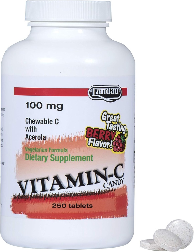 Landau 100mg Vitamine C croustillante pour les enfants et les adultes – Supplément de vitamine C facile à prendre avec l'acérola – Casher et fabriqué aux États-Unis – Grande saveur de baies, 250 comprimés