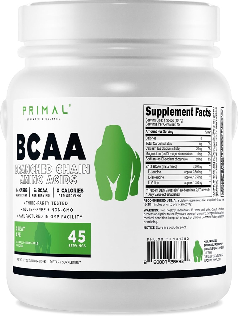 Primal BCAA poudre grand singe (45 SERV) (arôme de pomme verte) - 0 g Carbs, 0 Calories, 7g BCAA par portion