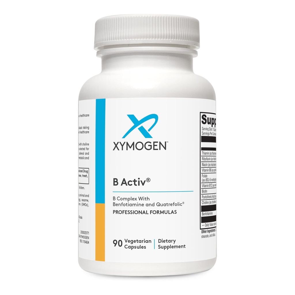 Complexe XYMOGEN B Activ Vitamine B avec Benfotiamine, Méthylfolate, Biotine, Vitamine B6 et B12 (Méthylcobalamine b12) - Suppléments énergétiques pour le support adrénal et l'humeur (90 capsules)