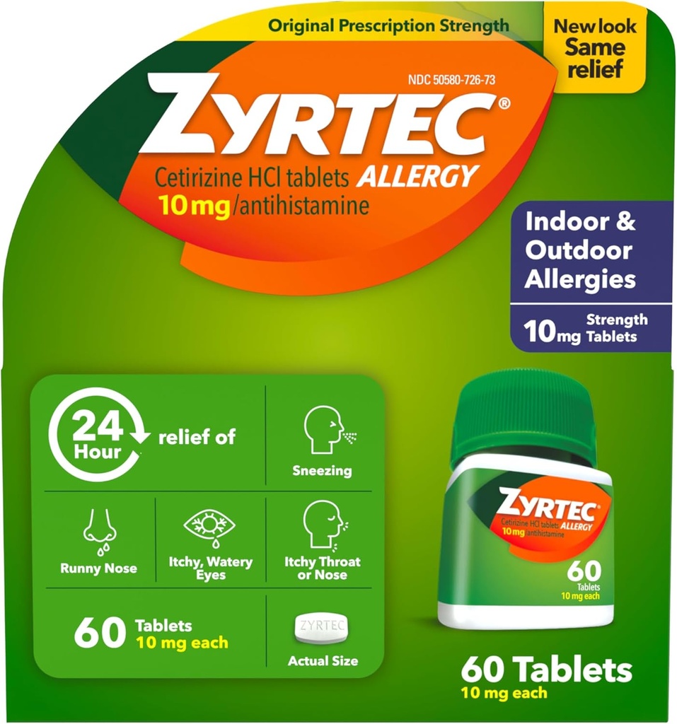 Zyrtec 24 heures comprimés antiallergiques, médecine d'allergie intérieure et extérieure avec 10 mg de HCl cétirizine par comprimé antihistaminique, soulagement des allergies, 60 nombres.