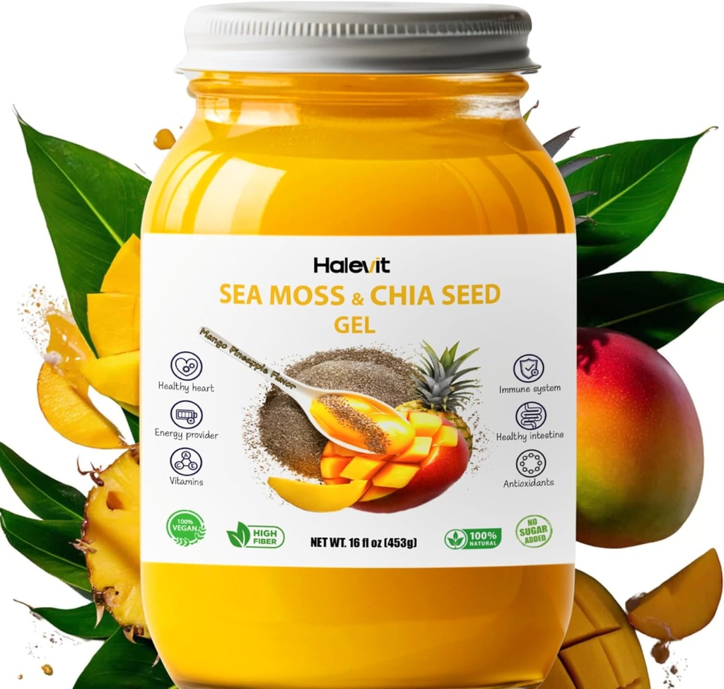 Gel de mousse de mer avec graines de chia au sol, gel de mousse de mer biologique cru – source d'iode naturelle, Omega-3, Immunissance & support digestif, Superfood végétalien, Mango ananas Saveur, Fabriqué aux États-Unis, 16 oz
