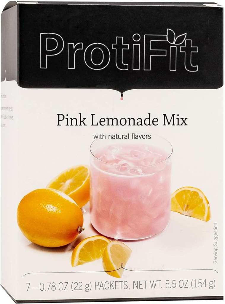 ProtiFit - Mélange de poudre aromatisé aux fruits à haute teneur en protéines, 15g de protéines, faible teneur en calories, sans sucre, compatible avec les protéines idéales, 7 portions par boîte (lemonade de pink)