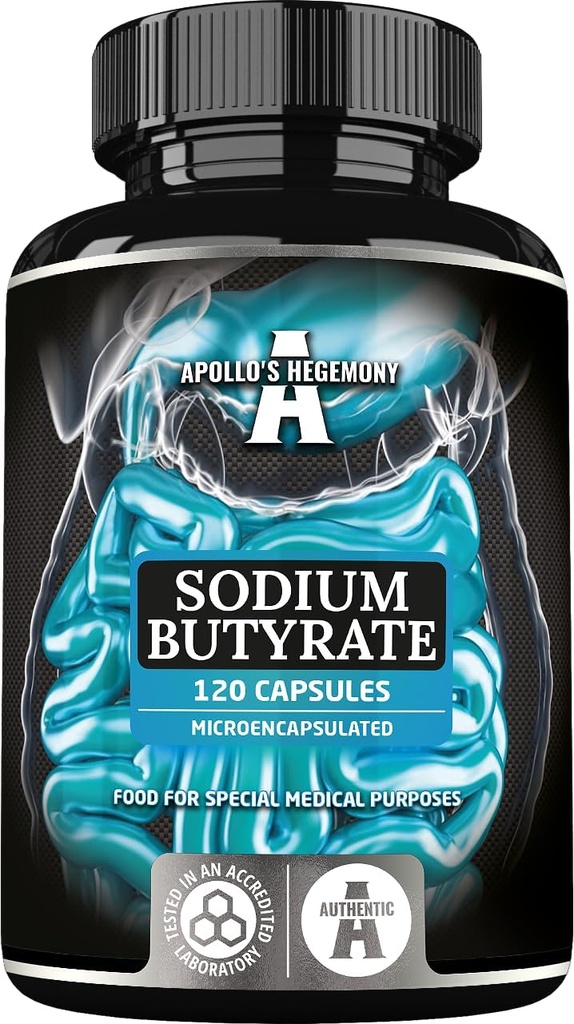 Sodium Butyrate haute dose 570 mg (30% acide butyrique), 120 capsules véganes, 4 mois d'approvisionnement, supplément de sodium pour soutenir la régénération de barrière intestinale et la santé excessive de la gueule - par l'hégémonie d'Apollon