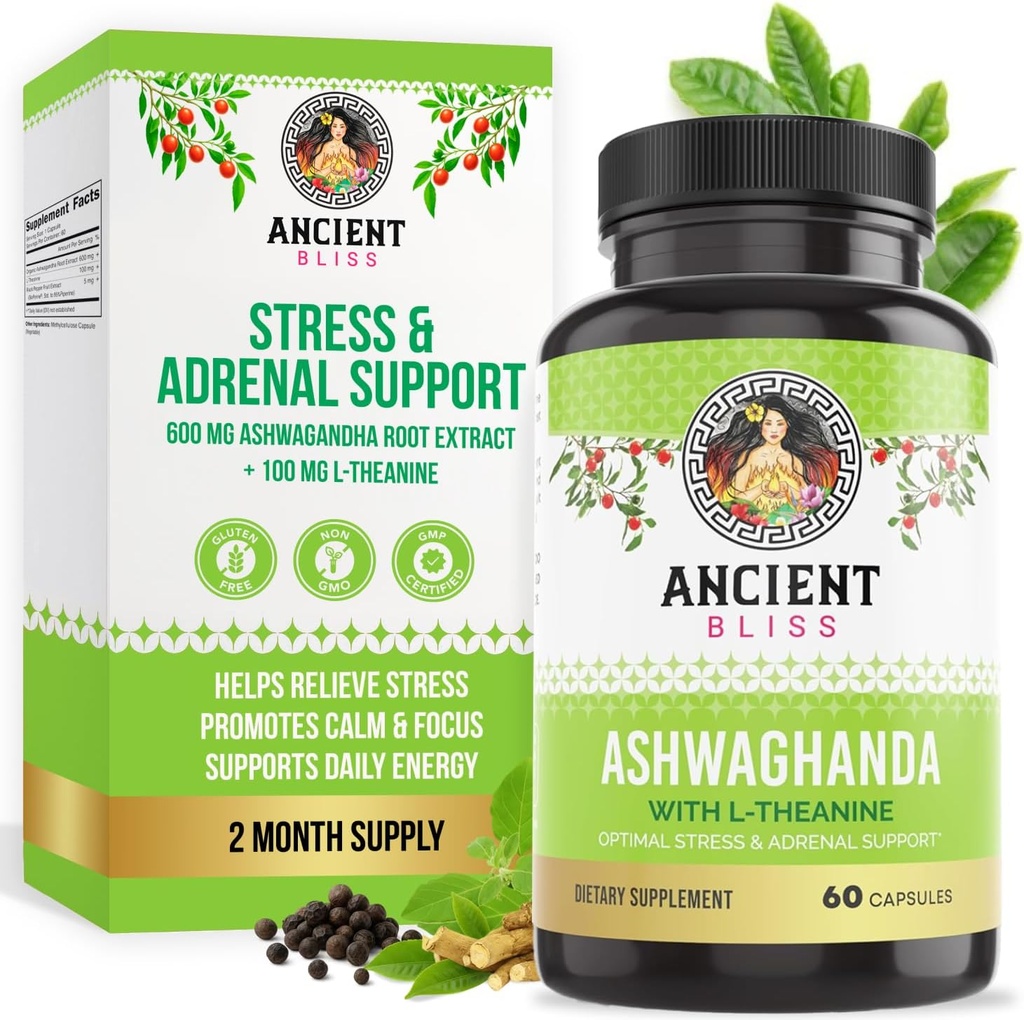 Ancient Bliss Ashwagandha avec L-Theanine & Black Pepper Extract Capsules, supplément de soutien à l'énergie et à l'humeur naturelle, supplément de focus pour adultes