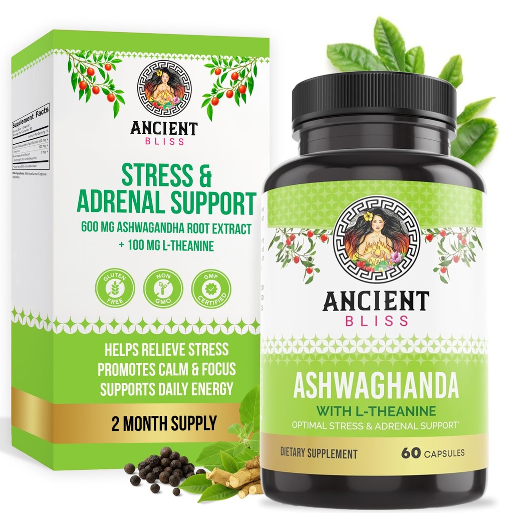 Ancient Bliss Ashwagandha avec L-Theanine & Black Pepper Extract Capsules, supplément de soutien à l'énergie et à l'humeur naturelle, supplément de focus pour adultes