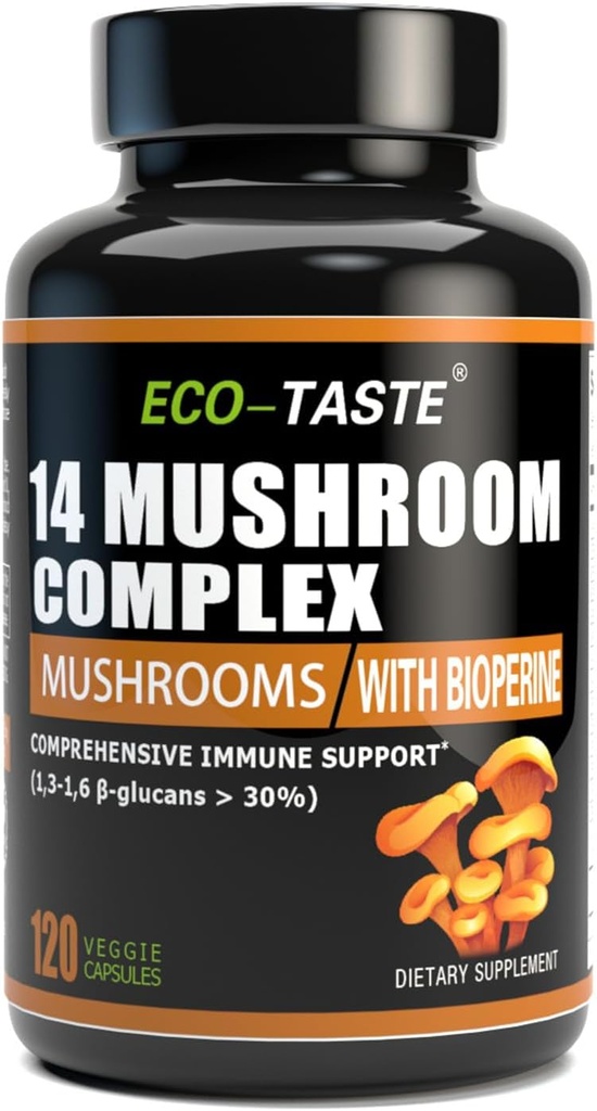 14 Champignons Supplément 120 Capsules - Immune System Booster & Nootropic Cerveau Supplément – avec Lion, Reishi, Maitake, Turkey Tail, Chaga Complex – Pepper noir pour l'absorption, 30% Beta-Glucan