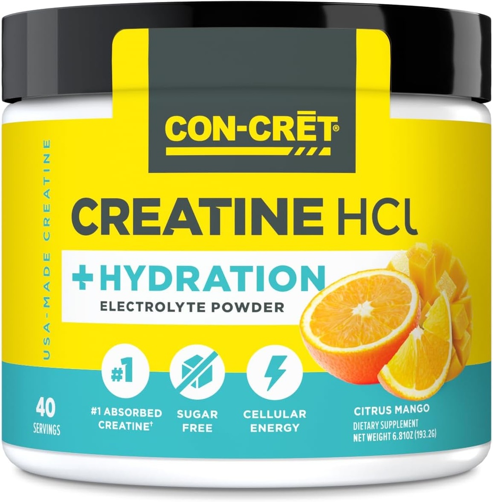 CON-CRET Creatine HCl + Hydratation : Tub de poudre d'électrolyte : Citrus Mango : Formule de réhydratation des électrolytes sans sucre : potassium, sodium, zinc, magnésium pour hydrater et récupérer (40 serv)