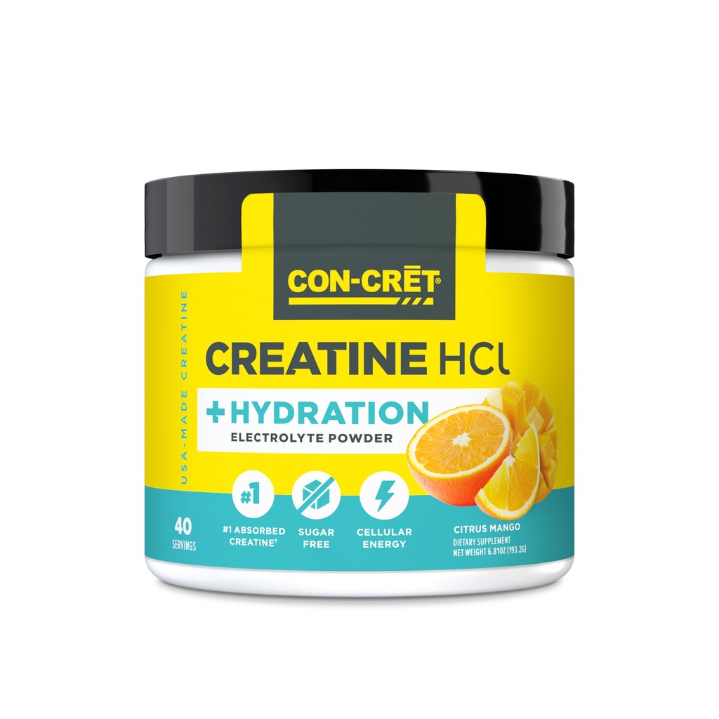 CON-CRET Creatine HCl + Hydratation : Tub de poudre d'électrolyte : Citrus Mango : Formule de réhydratation des électrolytes sans sucre : potassium, sodium, zinc, magnésium pour hydrater et récupérer (40 serv)
