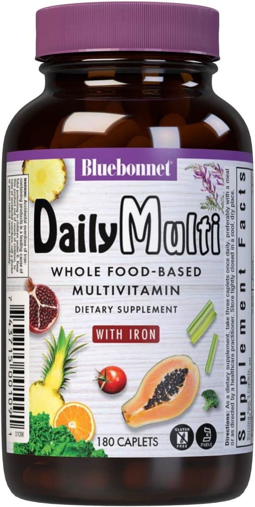 Bluebonnet Nutrition Super Earth Formule multinutriente (avec fer), pour un soutien nutritionnel quotidien, sans gluten, certifié Kosher, sans lait, végétarien, 60 portions, vert, 180 comte