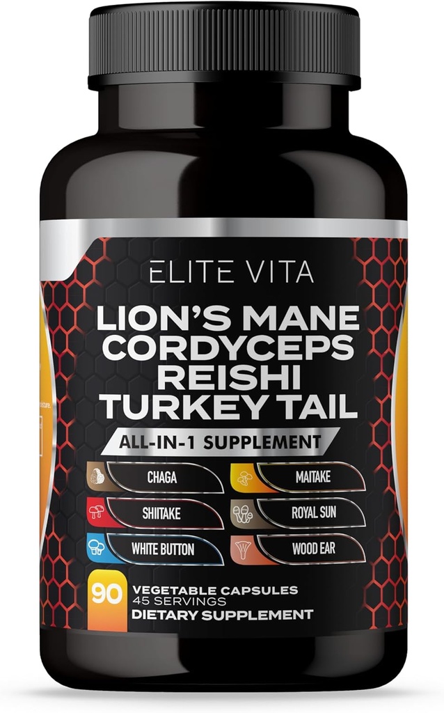 Supplément de Champignon Nootropique - Lions Mane, Cordyceps, Reishi, Chaga Blend pour le focus amélioré, mémoire, soutien cognitif, supplément de vitamine cérébrale et de focus, 90 Capsules Vegan
