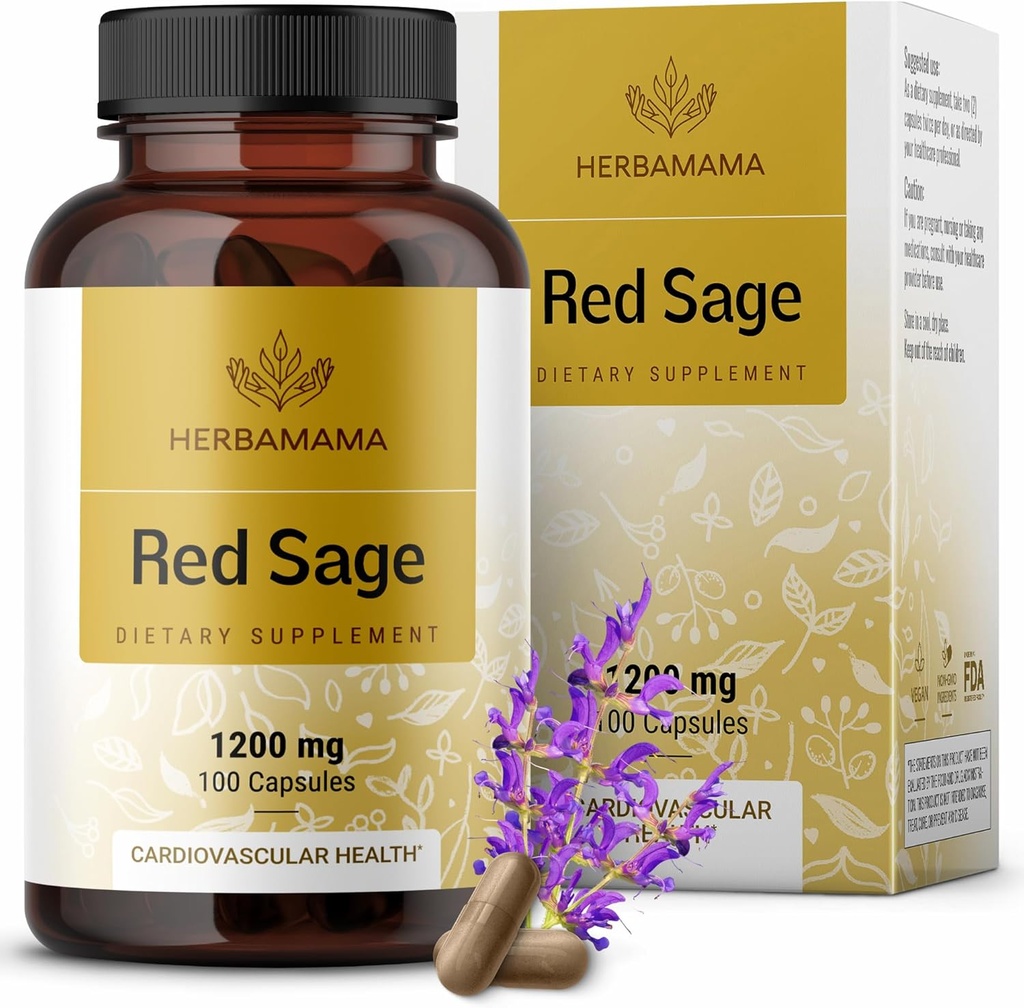 HerbAMAMA Red Sage Supplément Capsules - 1200mg Red Sage Racine (Dan Shen) pour le soutien antioxydant - Vegan, Supplément Salvia Miltiorrhiza non-OGM