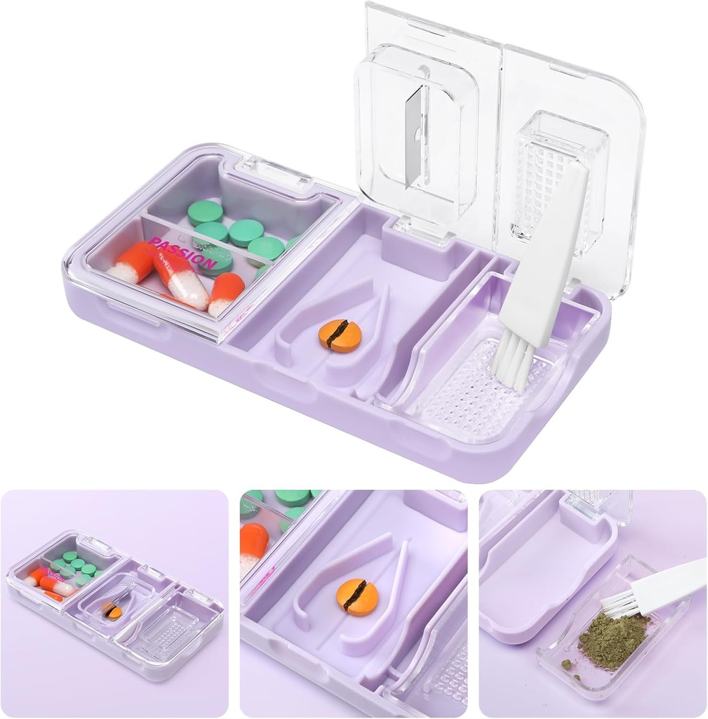 Toplive Portable 3-en-1 Pillet Cutter et Pillet Grinder et Pillet Holder, Couper avec précision facile, Crusher de médicaments pour les petites grandes pilules, Comprimés de vitamines Splitter pour les animaux âgés, Violet