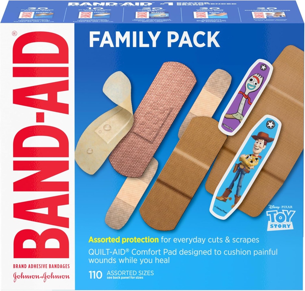 Band-Aid marque Adhesive Bandage Family Variety Pack en tailles assorties avec bloc d'eau Flex, Tissu flexible, Skin-Flex, Tough Strips & Pixar Character Bandages, 110 ct