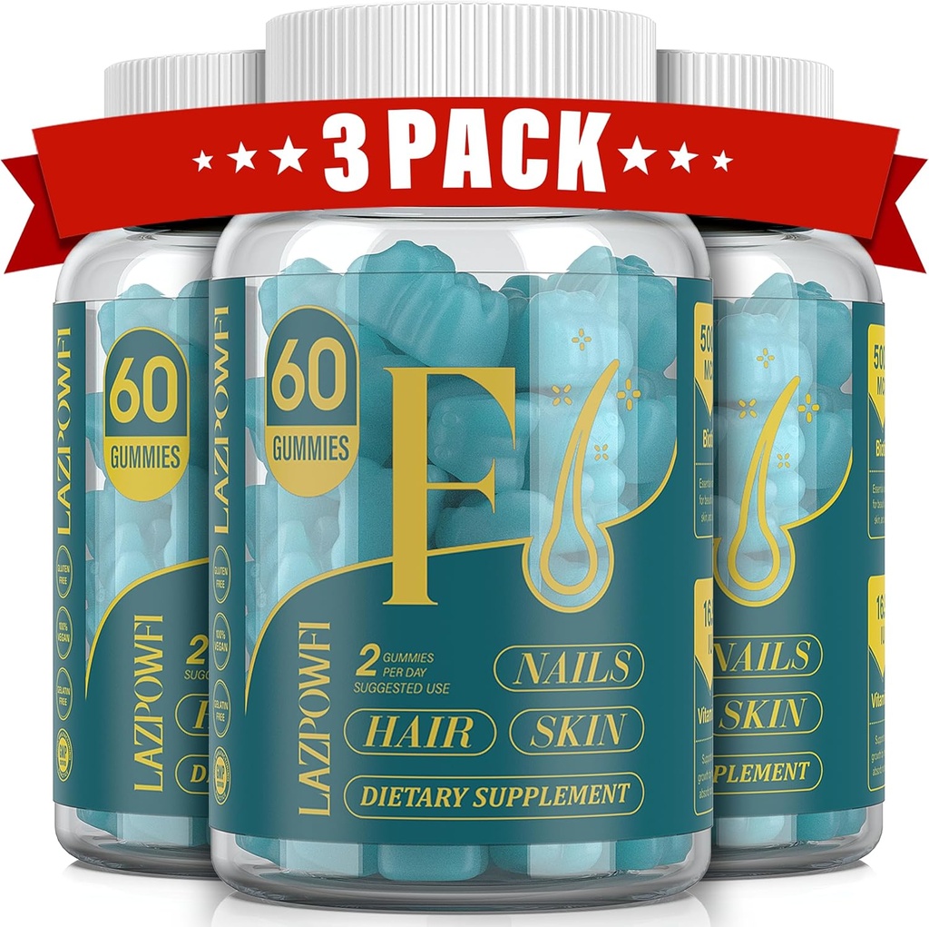 Gommies de biotine - Peau de cheveux et ongles Vitamines pour les hommes et les femmes, Vitamine végétalienne B7, soutient la croissance des cheveux et les ongles plus forts,90 jours d'approvisionnement - Blueberry-3 Pack